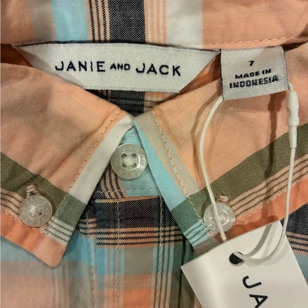 NWT- Janie and Jack Peach Plaid Button Down Shirt (size 7) - Picture 4 of 4